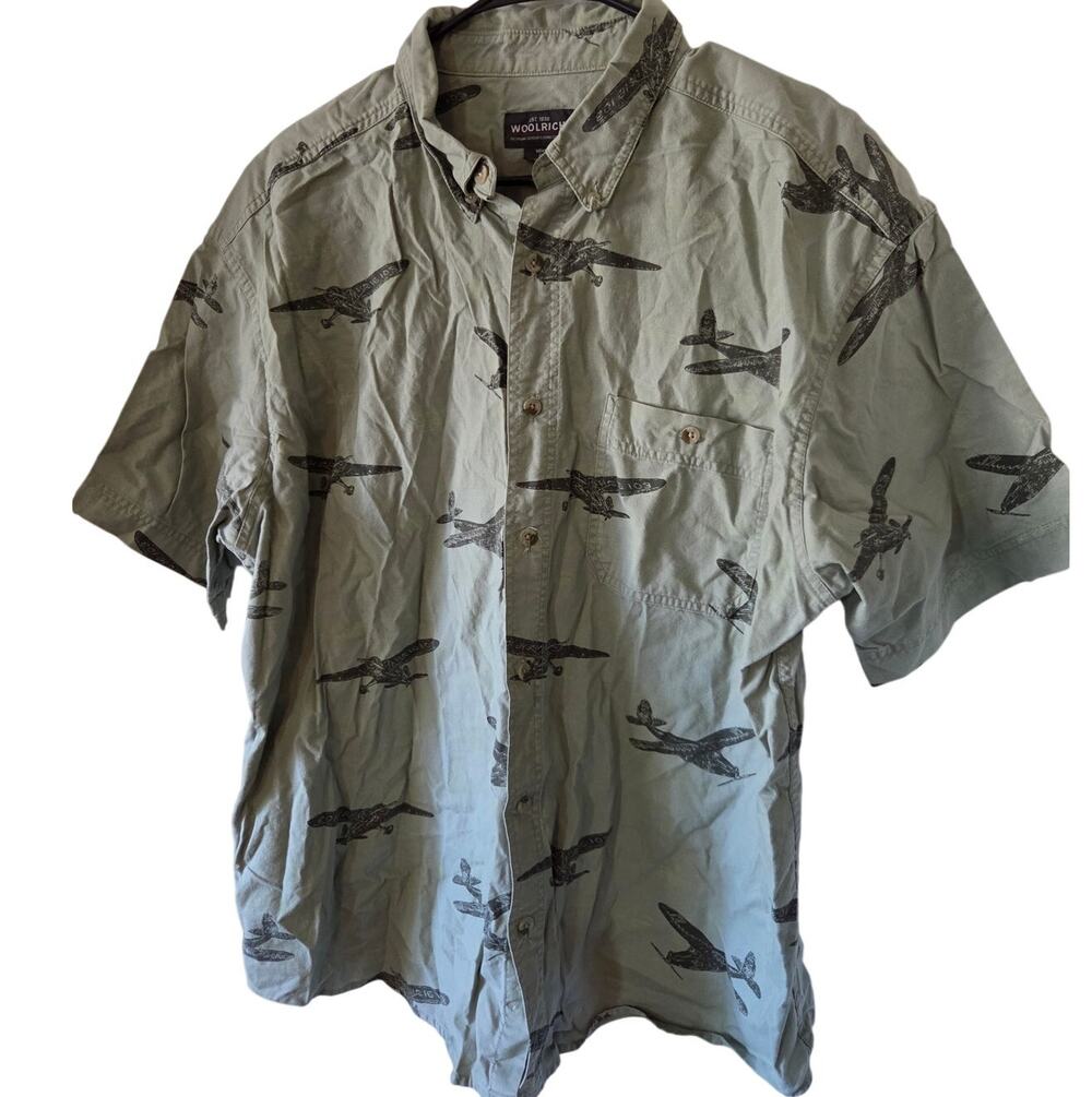 Woolrich Button Down Shirt XL Green Airplane Print Biplane Aviation